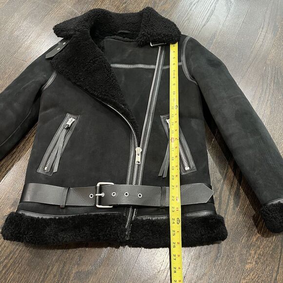 All Saints Rei Jacket Womens Small Black Shearling Sheepskin Lamb Leather Biker - Picture 15 of 16